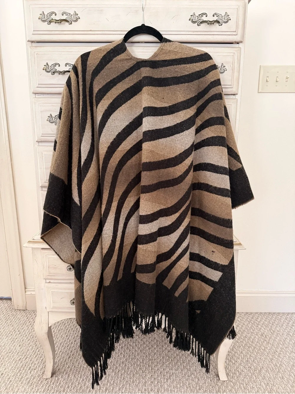 Fringed Zebra Stripe Throw Poncho - Black & Tan